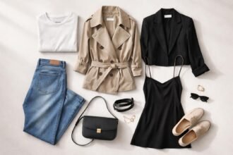 - Žena si vyberá základné kúsky šatníka, nadčasové a praktické, pre každodenný štýl aj pohodlie.