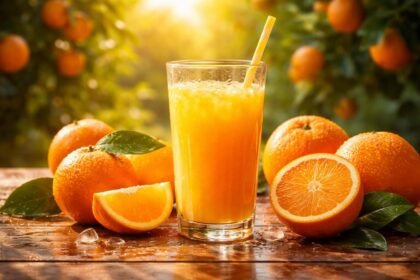 Sklenená fľaša čerstvého pomarančového džúsu na stole s jasnou farbou.