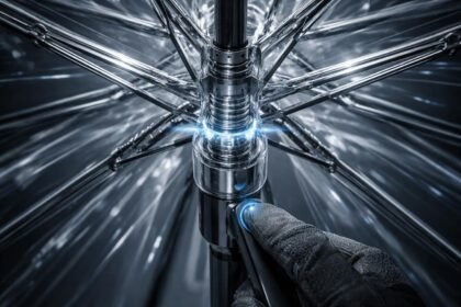 Dáždnik s otvoreným mechanizmom, kovové pružiny a šachta v popredí