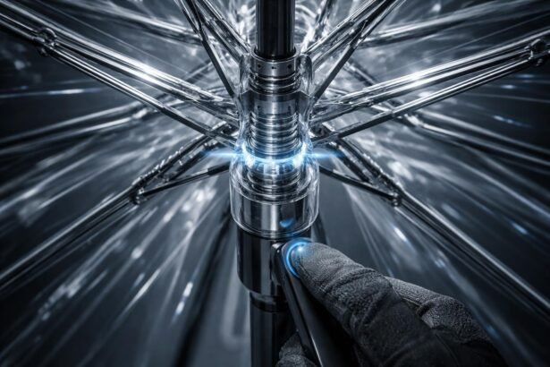 Dáždnik s otvoreným mechanizmom, kovové pružiny a šachta v popredí