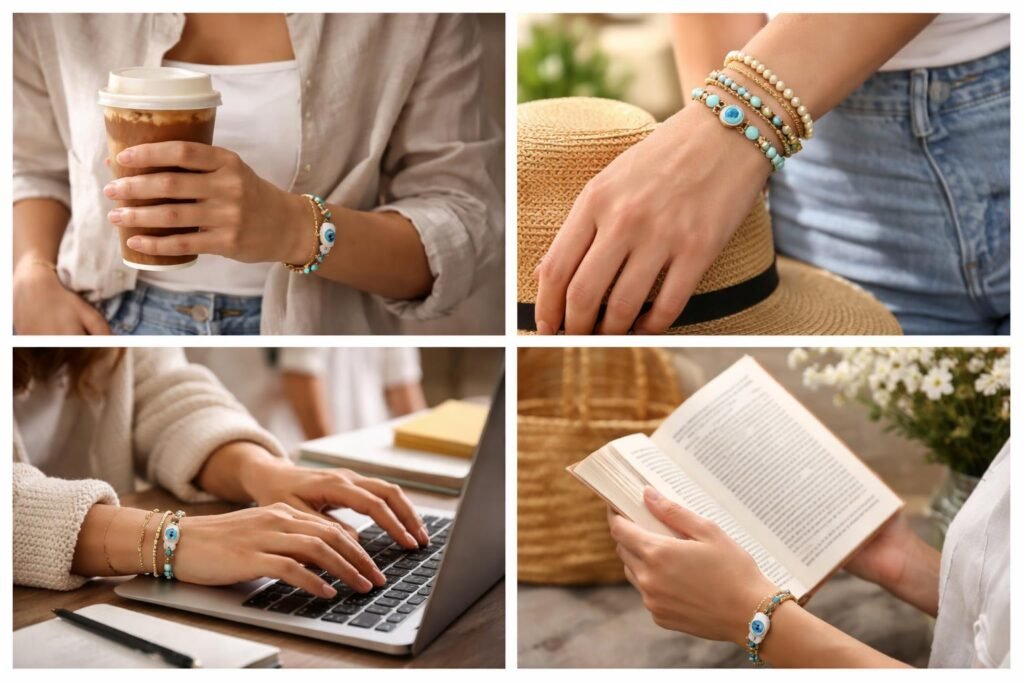 Výhody tureckého náramku: Objavte liečivé energie kameňa pokoja v každodennom živote 12 - Žena s tureckým náramkom na zápästí počas bežného dňa, prakticky.