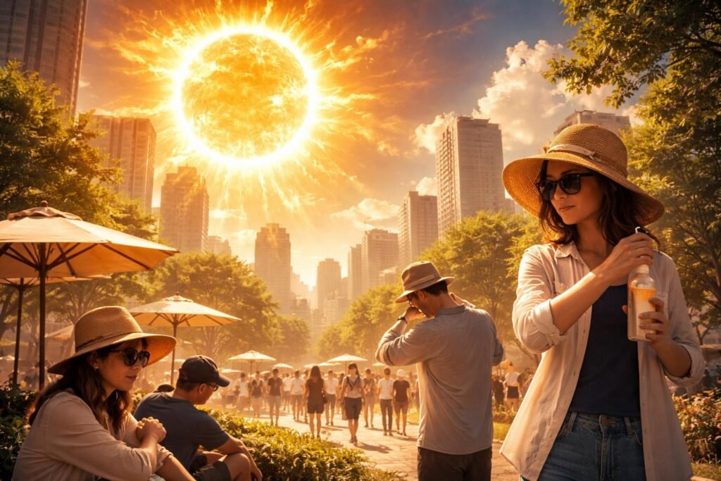 Ilustrácia ochrany pred slnečnou erupciou: nosenie ochranného odevu a SPF