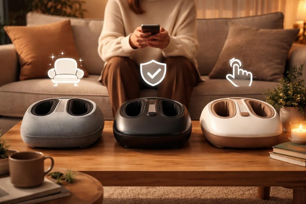 Masážny prístroj na nohy: Úľava pre unavené nohy a stres v pohodlí domova 12 Ilustrácia masážneho prístroja na nohy s výberom režimov a nastavením