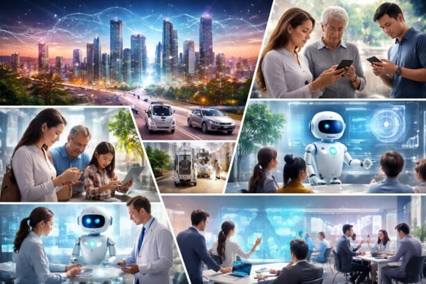 Zobrazuje človeka a AI spolupracujúcich na modernom pracovisku a v bežnom živote