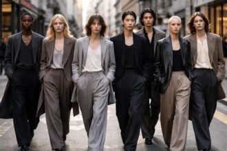 Androgýna móda na mestských uliciach, vyjadrenie identity bez škatuliek a konvenčného očakávania.