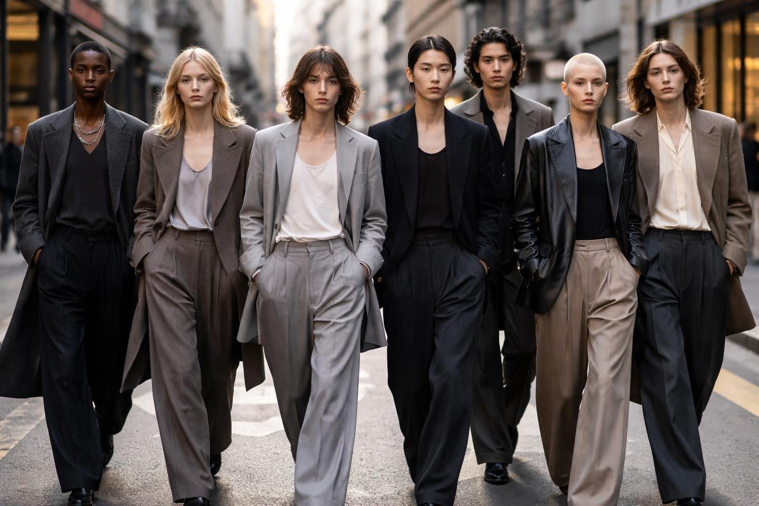 Androgýna móda na mestských uliciach, vyjadrenie identity bez škatuliek a konvenčného očakávania.