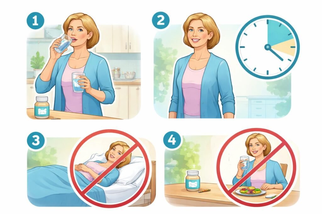 Žena užíva alendronát a dodržiava bezpečné dávkovanie krok za krokom