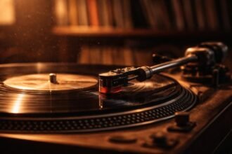 - Gramofón s ihlou putuje po vinylovej platni v teplom svetle.