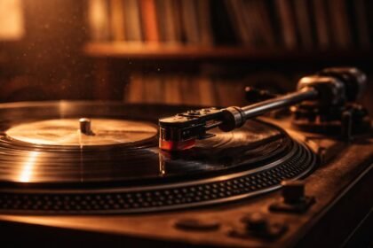 - Gramofón s ihlou putuje po vinylovej platni v teplom svetle.