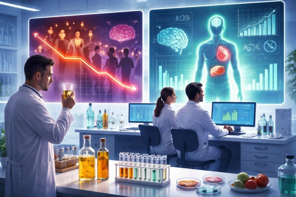 Obraz prezentuje moderný výskum o konzumácii pálenky a jej zdravotných účinkoch.