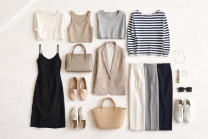 Oblečenie v kapsulovom šatníku usporiadané podľa farieb a univerzálnosti pre jednoduché každodenné outfity.