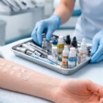 Dentista pracuje s pacientom pri testovaní zubnej alergie a možných materiálov v ústach.