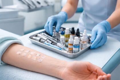 Dentista pracuje s pacientom pri testovaní zubnej alergie a možných materiálov v ústach.