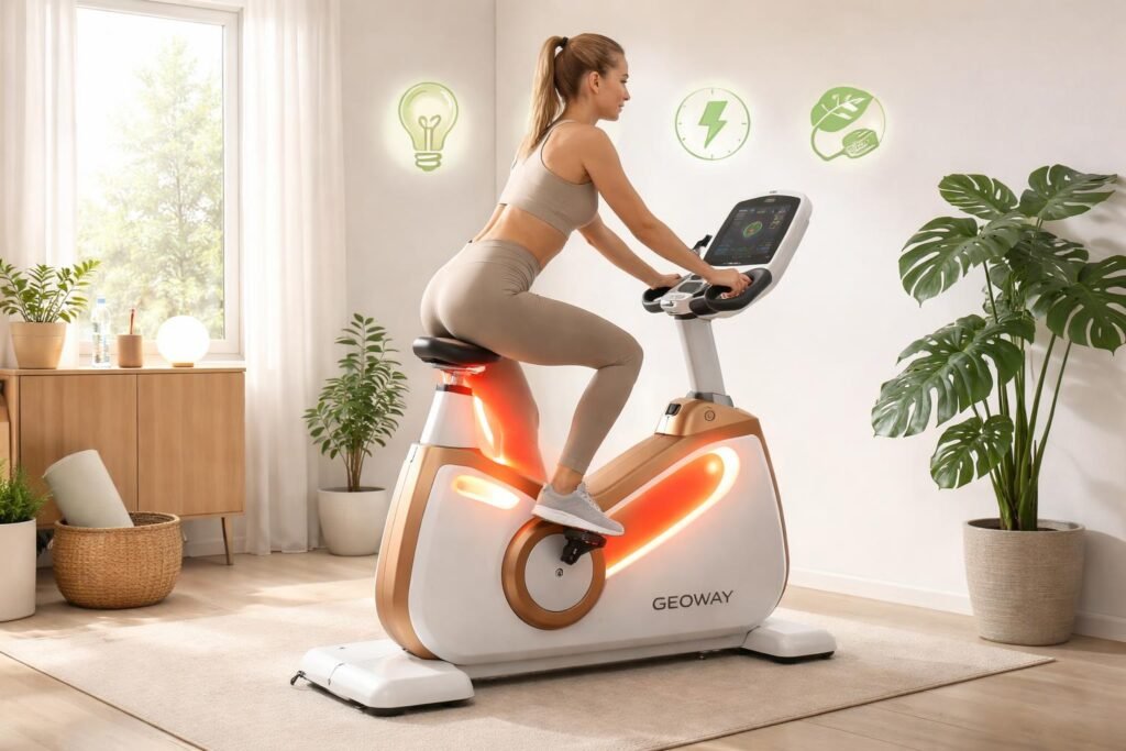 Výhody infrabicykla Geoway: Zdravotné prínosy, efektivita domáceho tréningu a ekologické aspekty 12 Muž jazdiaci na infrabicykli Geoway v domácom prostredí počas krátkeho tréningu.