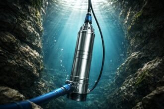 Ponorné čerpadlo v prirodzenej scenérii vrtu a jazera, tiché, spoľahlivé a účinné