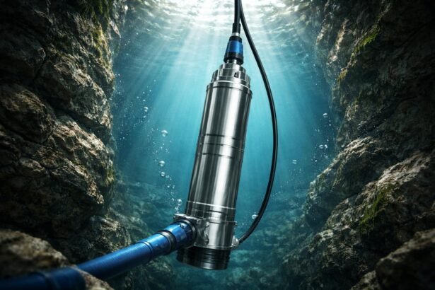 Ponorné čerpadlo v prirodzenej scenérii vrtu a jazera, tiché, spoľahlivé a účinné