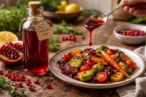 Sklenená fľaša granátového sirupu s čerstvým granátovým jablkom na stole