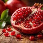 Granátové jablko rozrezané na drevenom stole s lúčom svetla a zeleným listom na pozadí