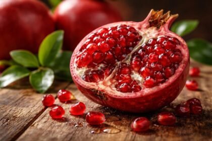 Granátové jablko rozrezané na drevenom stole s lúčom svetla a zeleným listom na pozadí