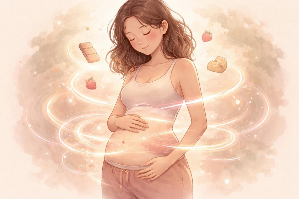 Žena s grafom hormonálnych zmien, chute a nafukovanie počas menštruácie