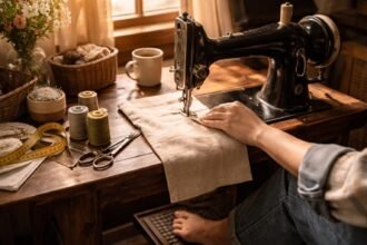 - Začiatočník skúma pedál šijacieho stroja pri hladkom šití bez stresu