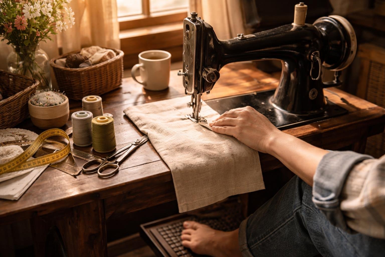 - Začiatočník skúma pedál šijacieho stroja pri hladkom šití bez stresu