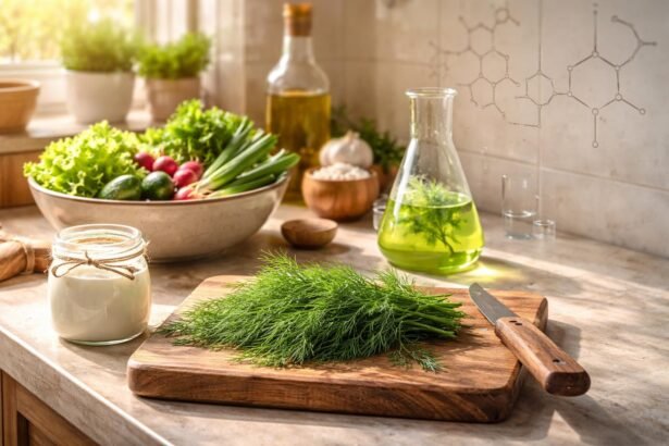 Čerstvý kôpor v kuchyni na stole, ukazuje lekárske a kulinárske využitie.