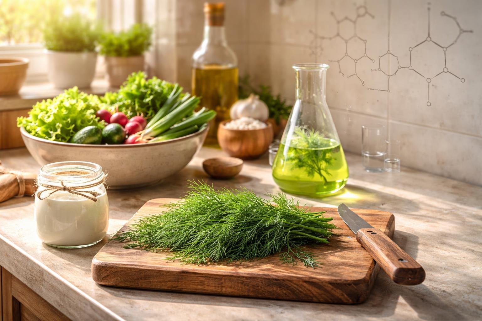 Čerstvý kôpor v kuchyni na stole, ukazuje lekárske a kulinárske využitie.