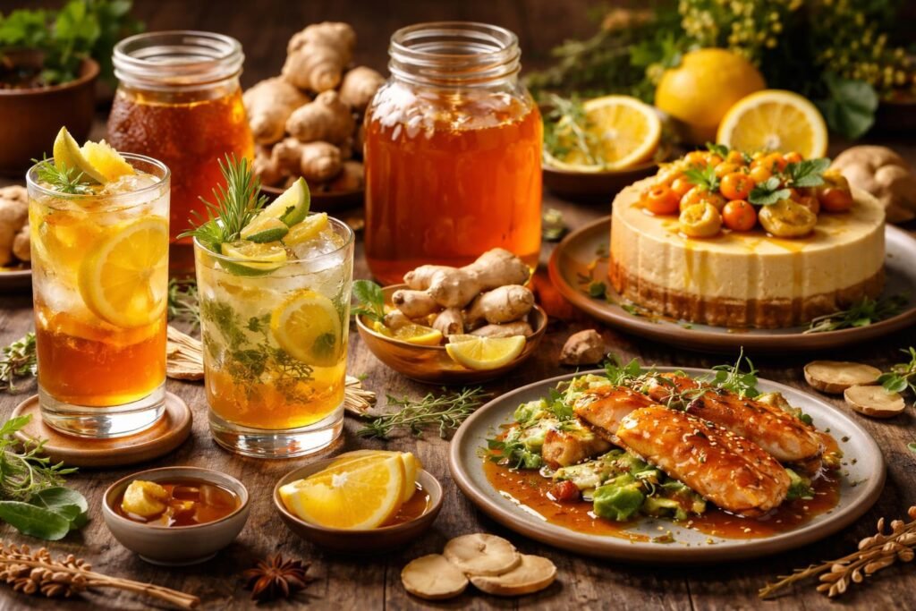 Prírodný Zázvorový Sirup: Posilnenie Imunity a Kreatívne Spôsoby Využitia 12 Sklenená fľaša zázvorového sirupu vedľa pohára osviežujúceho nápoja s bylinkami.