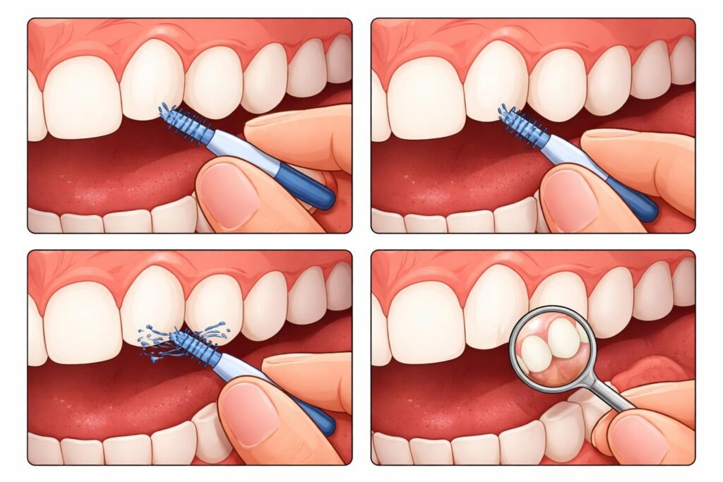 Použitie medzizubnej kefky krok za krokom pri čistení medzizubných priestorov.