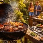 Kotlový gril s uhlím, šťavnaté mäso a zelenina na rošte.