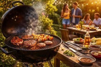 Kotlový gril s uhlím, šťavnaté mäso a zelenina na rošte.