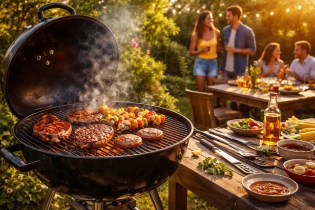 Kotlový gril s uhlím, šťavnaté mäso a zelenina na rošte.