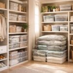 Žena organizuje skriňu s kompresnými vakmi a vyčleneným úložným priestorom.