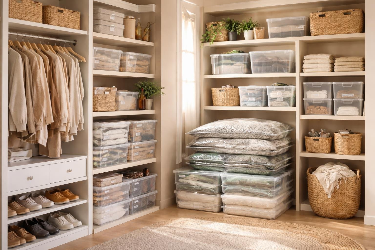 Žena organizuje skriňu s kompresnými vakmi a vyčleneným úložným priestorom.