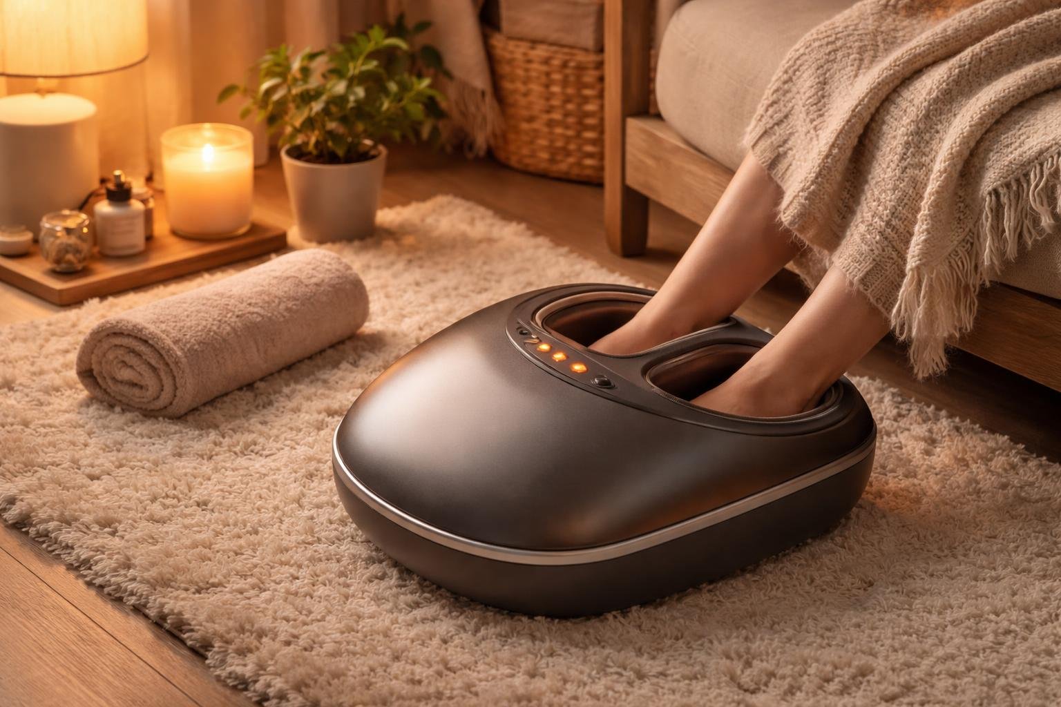 Obrázok zobrazuje nohy v masážnom prístroji, pokojné prostredie, relax a úľavu.