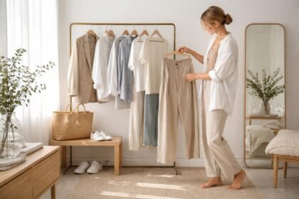 Žena v neutrálnej palete, minimalistický outfit na elegantnom portréte s ľahkosťou a štýlom.