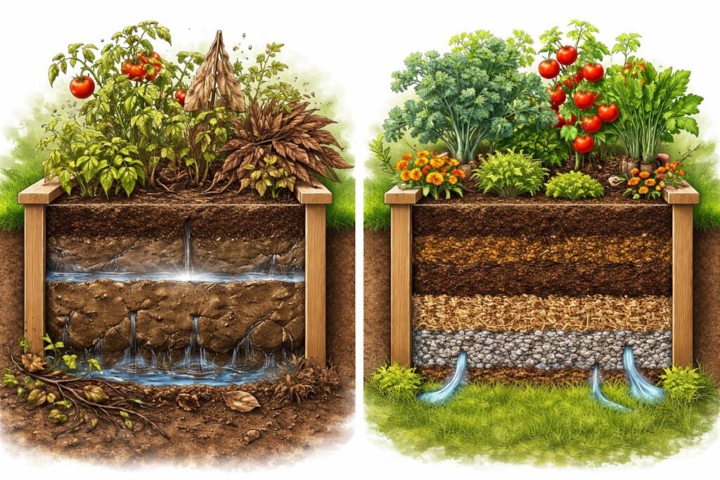 Záhradný vyvýšený záhon s pestrými rastlinami, mulčou a nástrojmi na záhrade