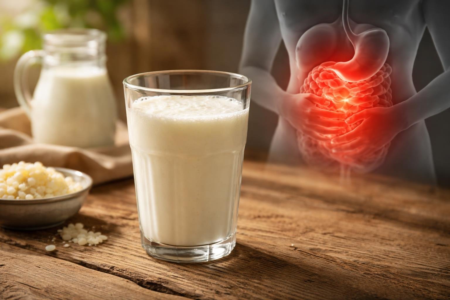 Sklenená fľaša kefíru vedľa grafu znázorňujúceho riziká a alergie či histamínové reakcie