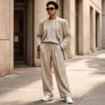 Model v oversized top a širokých nohaviciach, moderný street štýl na ulici.