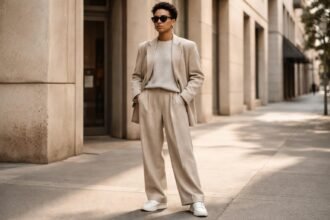 Model v oversized top a širokých nohaviciach, moderný street štýl na ulici.