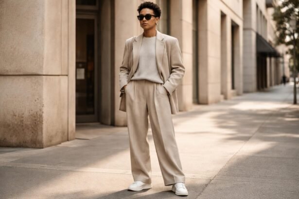 Model v oversized top a širokých nohaviciach, moderný street štýl na ulici.