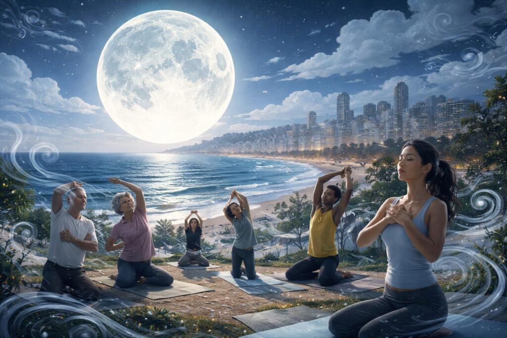 Blízky pohľad na supermesiac nad horizontom a tichou krajinou pri jasnej oblohe