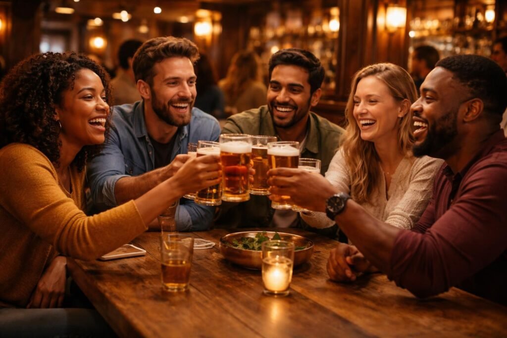 Skupina ľudí zdieľa pivo v spoločenskej atmosfére a posilňuje vzťahy.