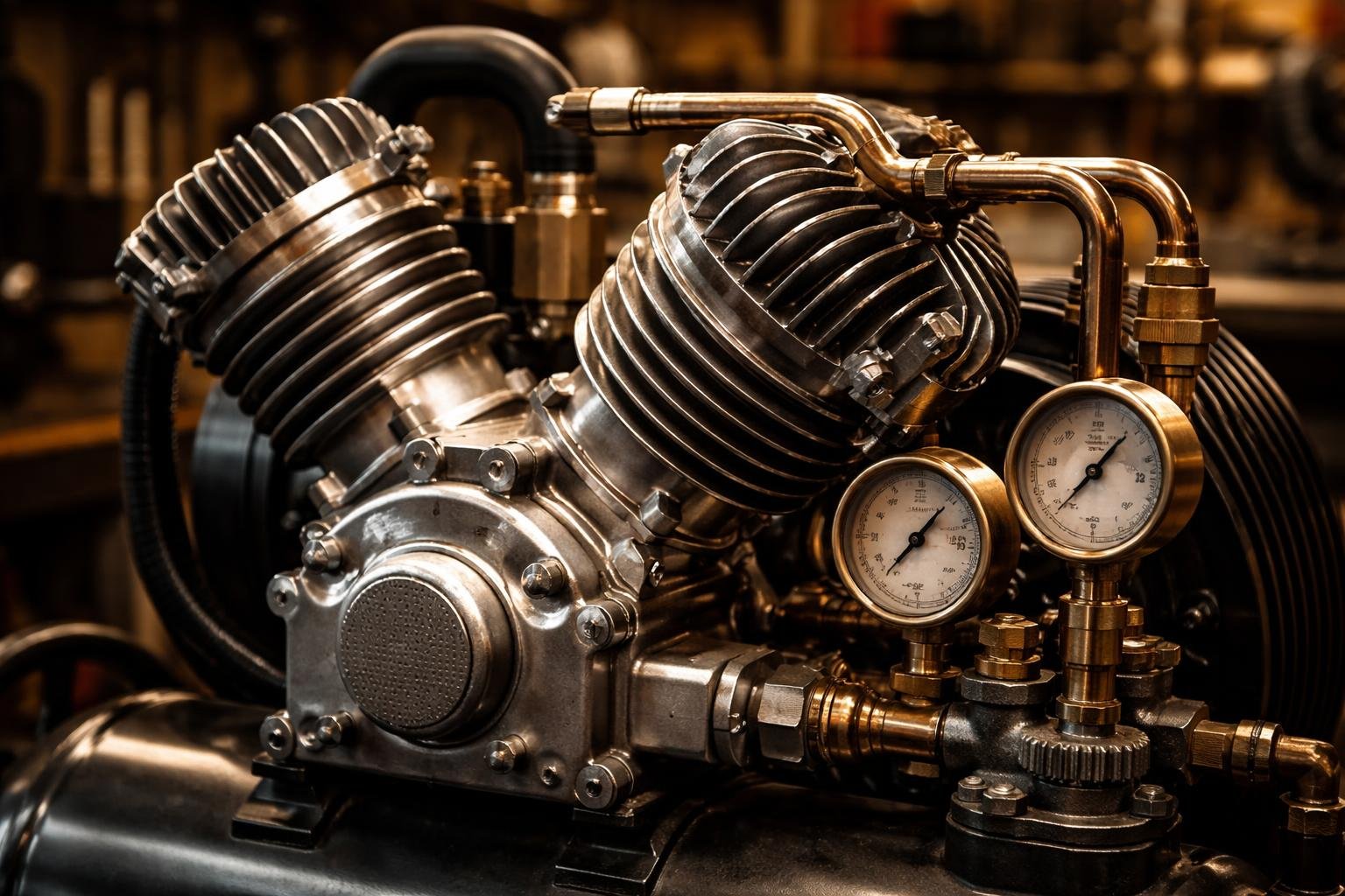 Kompresorový systém s olejovým mazacím okruhom a motorom v dielni