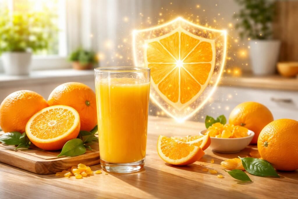 Jasný pohár čerstvého pomarančového džúsu, svieži oranžový vzhľad a vôňa.