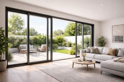 Posuvné dvere s moderným rámom, sklom a prirodzeným svetlom v interiéri