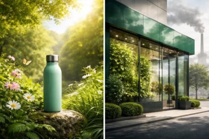 Zelená vlna na obale, spotrebiteľ, mesto a planéta spojené ako dôležitá téma dneška