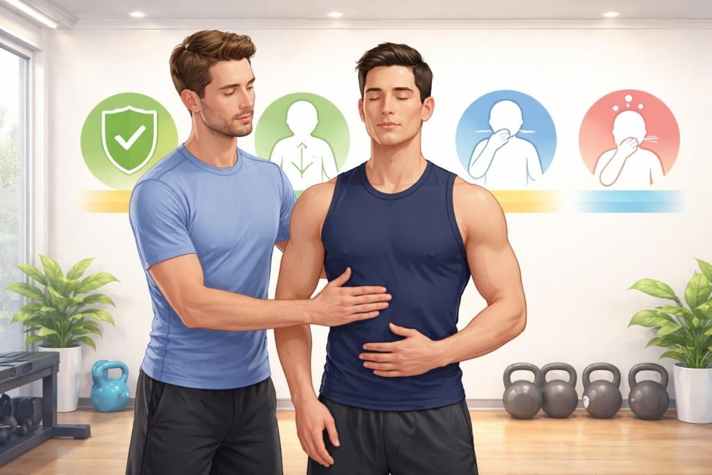 - Inštruktor ukazuje správnu techniku zadržania dychu počas tréningového cvičenia a bezpečnostné pravidlá.