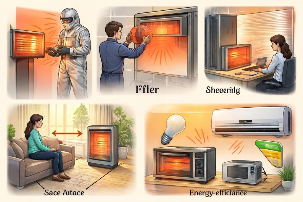 Osoba na pracovišti nosí ochranné okuliare a štít proti IR žiareniu.